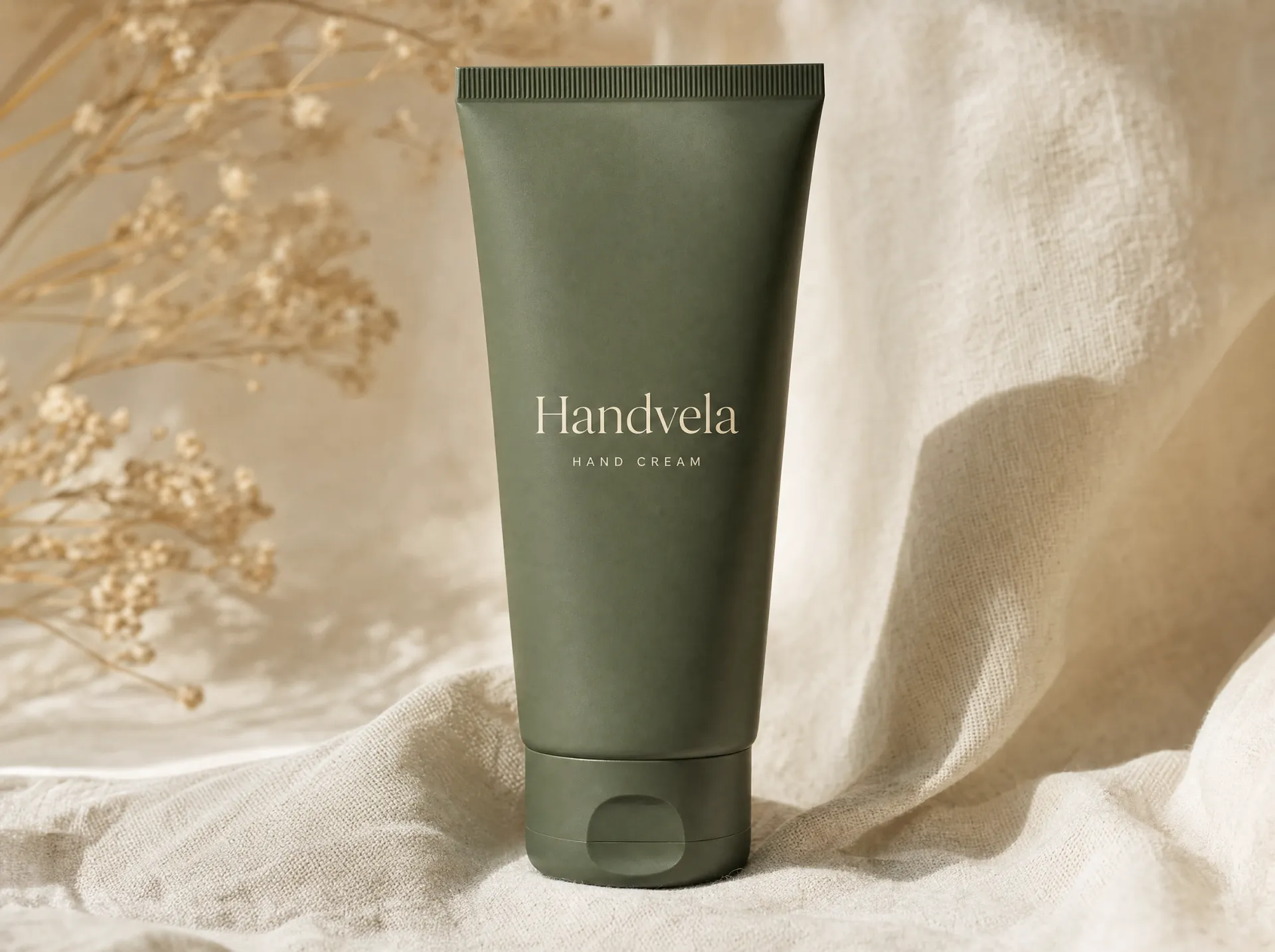 Close-up of the matte Handvela tube on warm cream fabric