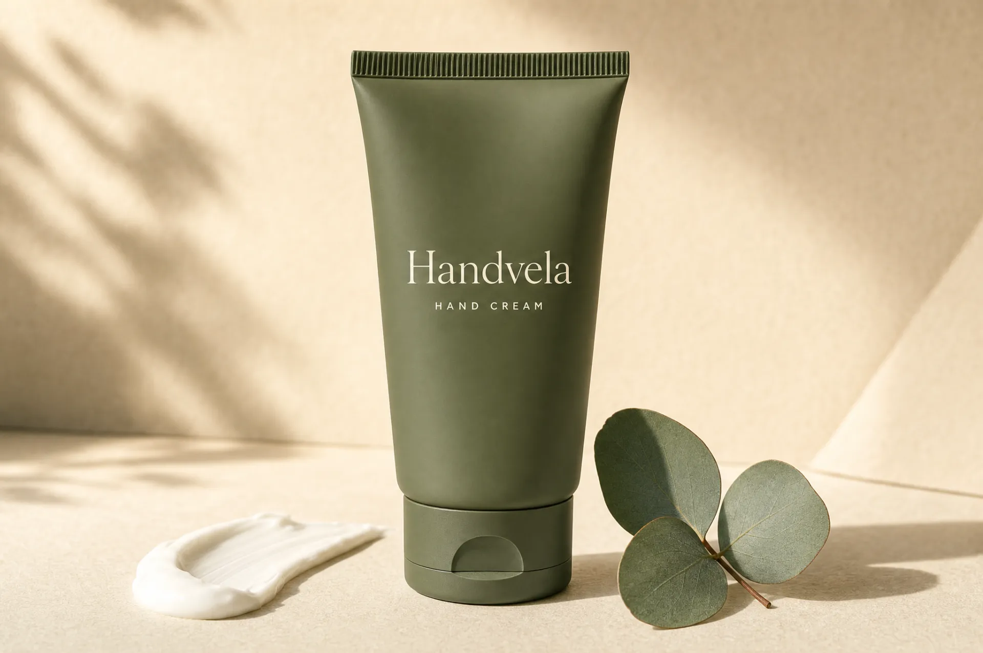 Handvela fragrance-free hand cream — a matte sage-green tube on a warm cream surface with a smear of cream and eucalyptus leaves