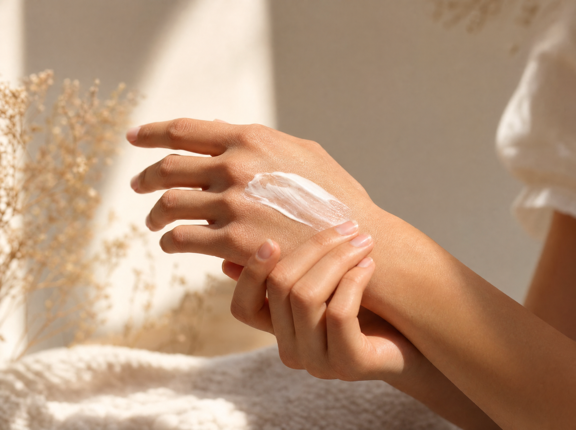 Hands rubbing in Handvela hand cream in warm natural light
